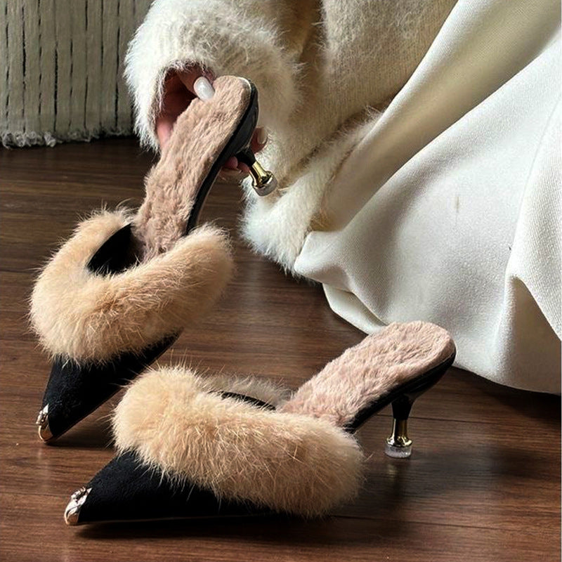 Elegant Fallwinter Furry High-heeled Slide Sandals For Women Perfect For Outdoor Wear