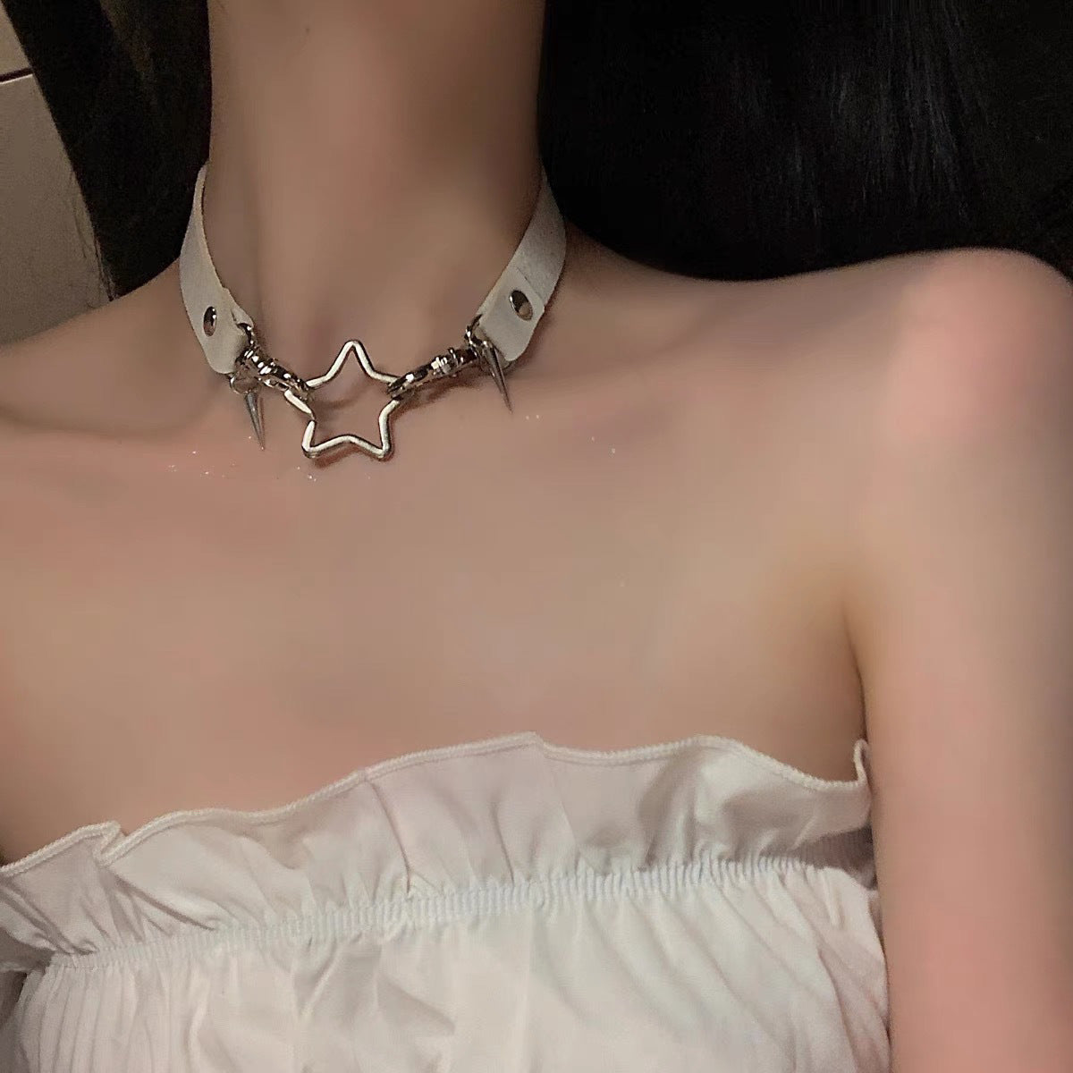Black Leather Pentagram Necklace Choker