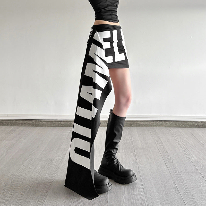 Womens Black And White Letter-Print Asymmetrical Mini Skirt