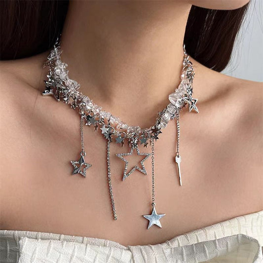 Sweet Edgy Transparent Pebble-stone Star Tassel Necklace