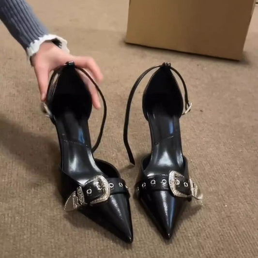 Pointed-toe Stiletto-heel Closed-toe Sexy Black Punk-style Hollow-out Womens Shoes