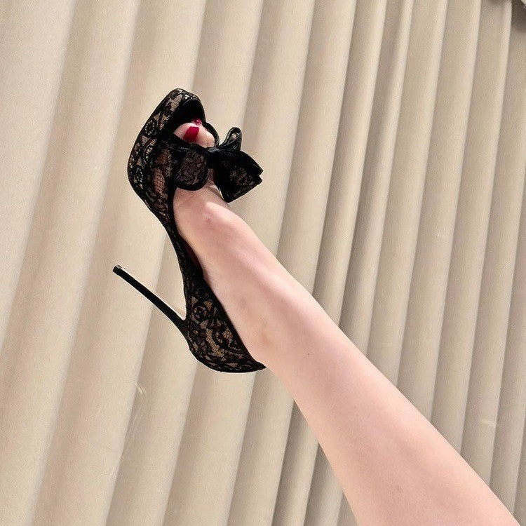 Mesh Lace Embroidered Bowknot Platform Sandals For Women