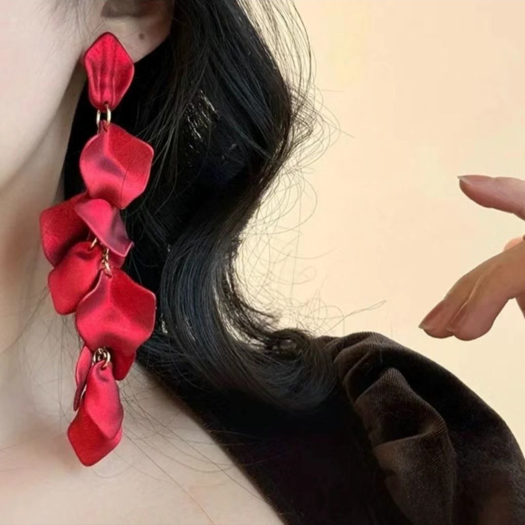 Sterling Silver Needle Long Rose Petal Fringed Earrings