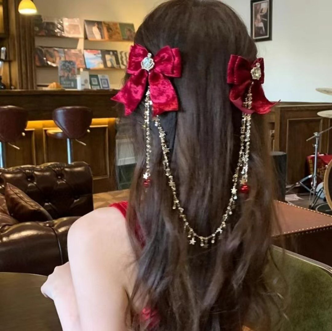 New Year Red Bell Crown Bow Tassel Hair Clip