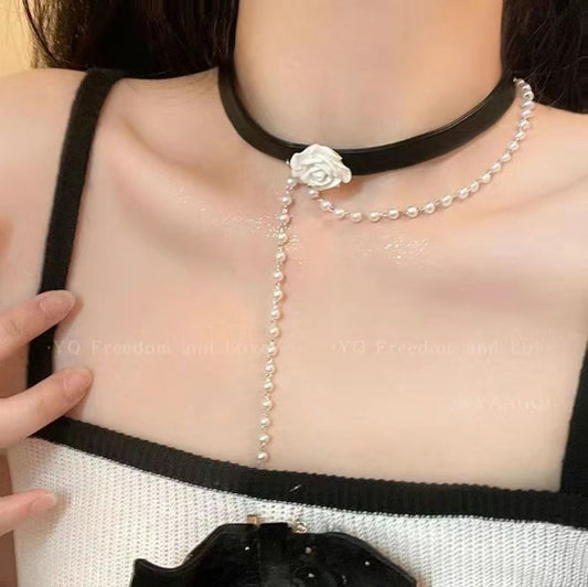 Rose Pearl Choker Black Collar Clavicle Necklace
