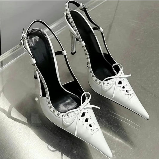 Pointed-toe Rivet-backed Stiletto Heels With A Thin Heel And Lace-up Design